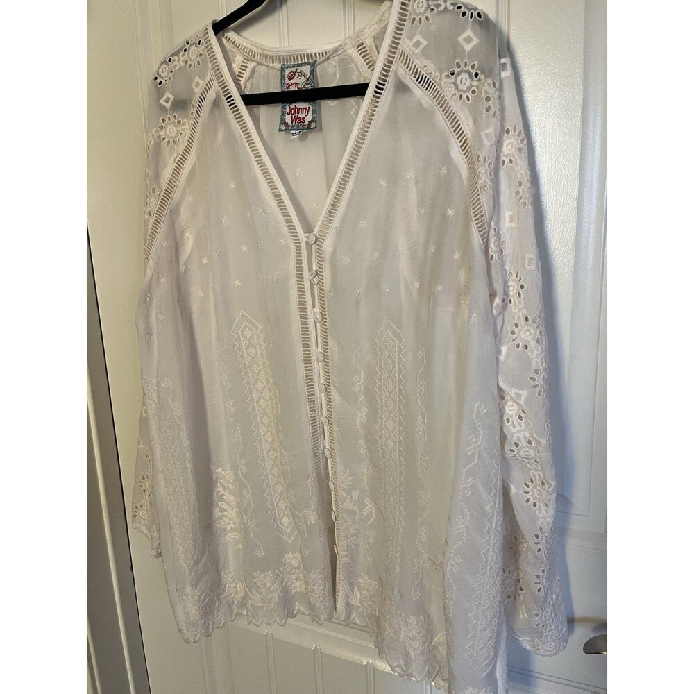 Johnny Was Laurel Amari Embroidered Eyelet Blouse Natural White Size L SemiSheer
